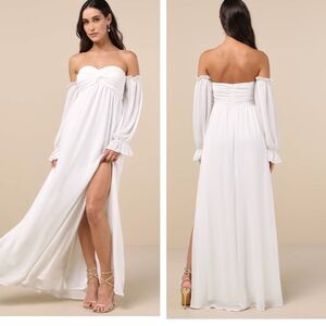 Lulus Glorious Invite White Knotted Off-the-Shoulder Maxi Dress Size Small Beach